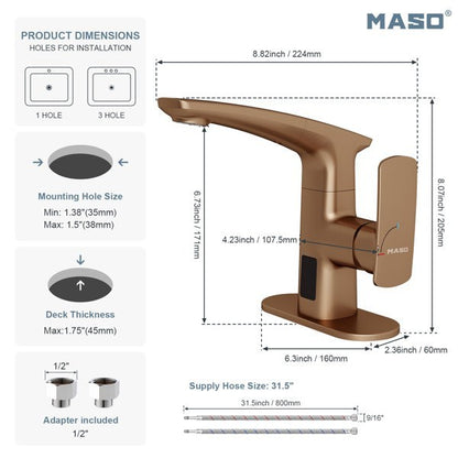 GDM Habitat for Humanity ReStore MASO rose gold bathroom faucet with technical dimension diagram and installation specs