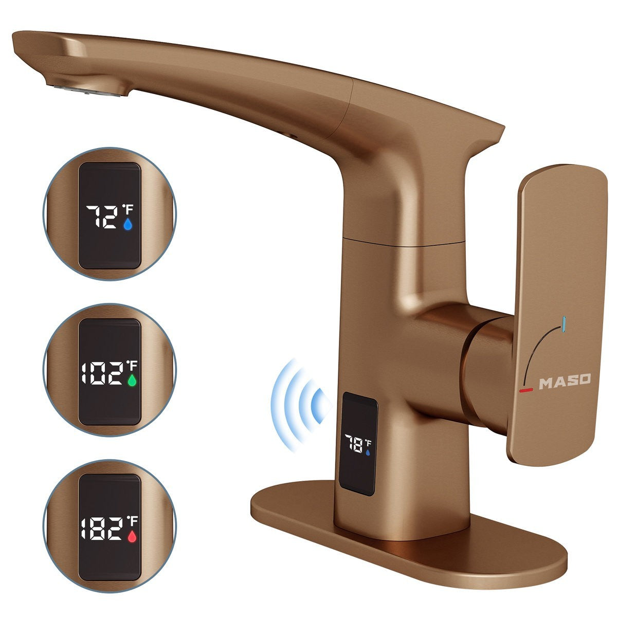 GDM Habitat for Humanity ReStore MASO rose gold bathroom faucet with digital temperature display and side handle