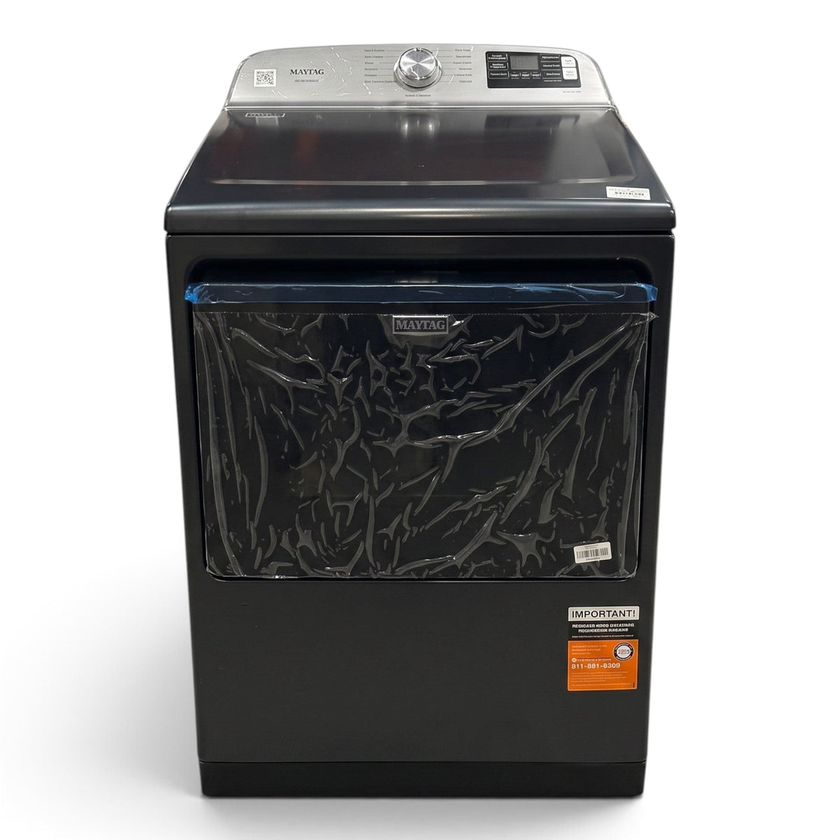 GDM Habitat for Humanity ReStore volcano black Maytag electric dryer with protective plastic on door and control panel