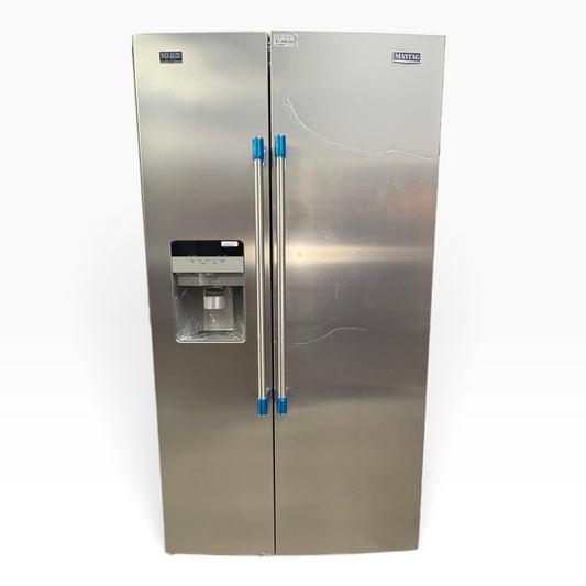 GDM Habitat for Humanity ReStore Maytag stainless steel side-by-side refrigerator with ice and water dispenser