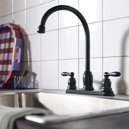 GDM Habitat for Humanity ReStore Moen 2-handle kitchen faucet in matte black finish with high-arc spout