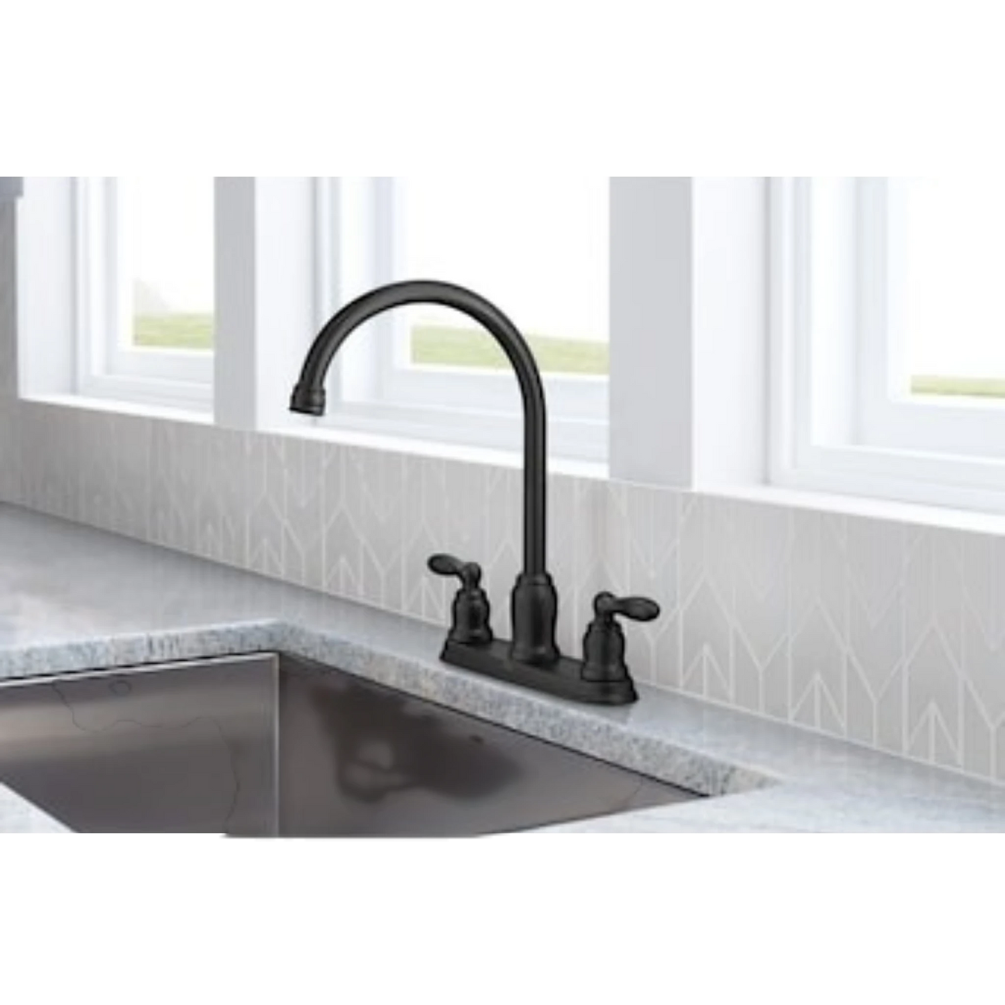 GDM Habitat for Humanity ReStore Moen 2-handle kitchen faucet in a matte black finish with a high-arc spout.