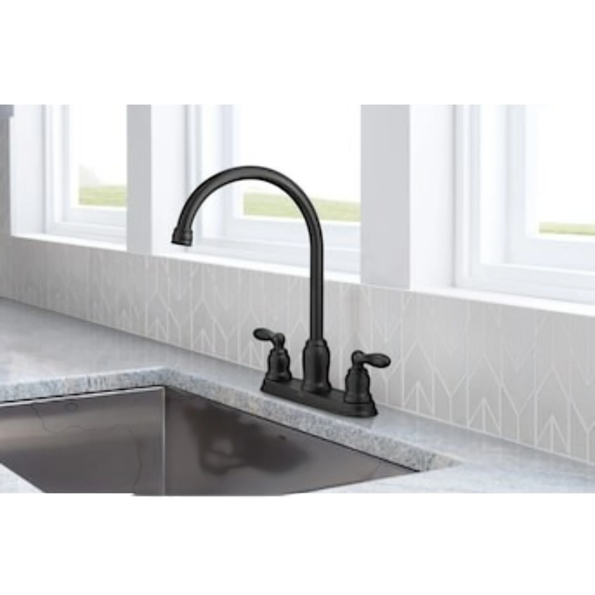 GDM Habitat for Humanity ReStore Moen 2-handle kitchen faucet in a matte black finish with a high-arc spout.