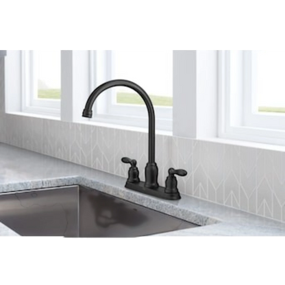 GDM Habitat for Humanity ReStore Moen 2-handle kitchen faucet in a matte black finish with a high-arc spout.