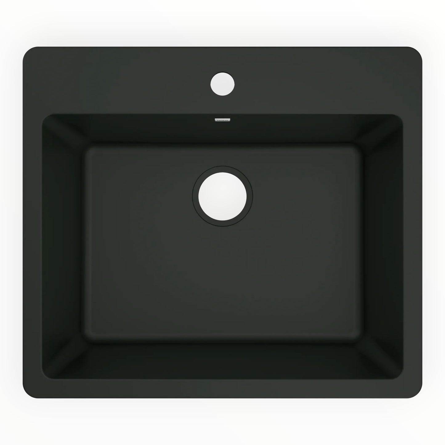 Top-down view of a matte black Moen granite kitchen sink from GDM Habitat for Humanity ReStore with a single faucet hole