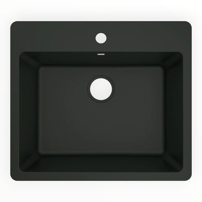 Top-down view of a matte black Moen granite kitchen sink from GDM Habitat for Humanity ReStore with a single faucet hole