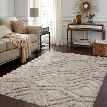 GDM Habitat for Humanity ReStore Mohawk Zafi gray shag rug with geometric pattern in a cozy living room setting