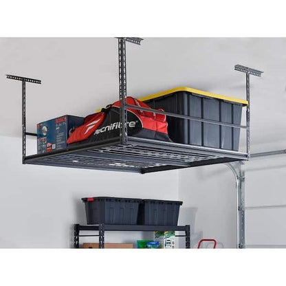 GDM Habitat for Humanity ReStore Muscle Rack ceiling storage unit holding plastic bins and bags in a garage