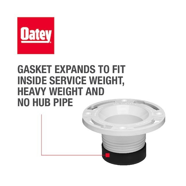 GDM Habitat for Humanity ReStore Oatey 4-inch ABS closet flange with an expandable gasket for secure pipe connection.