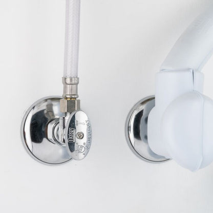 GDM Habitat for Humanity ReStore Oatey angled stop valve with chrome finish and white supply line on wall