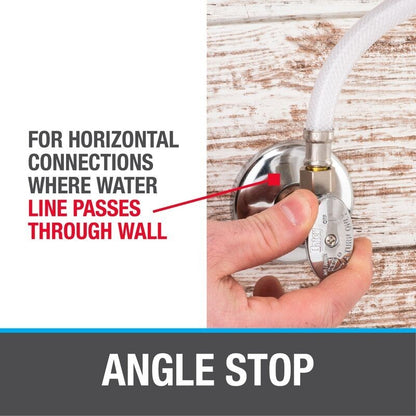 GDM Habitat for Humanity ReStore Oatey angled stop valve with chrome finish installed on a white wall pipe connection
