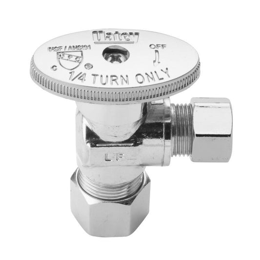 GDM Habitat for Humanity ReStore Oatey chrome-plated angled stop valve with a quarter-turn handle for plumbing fixtures.