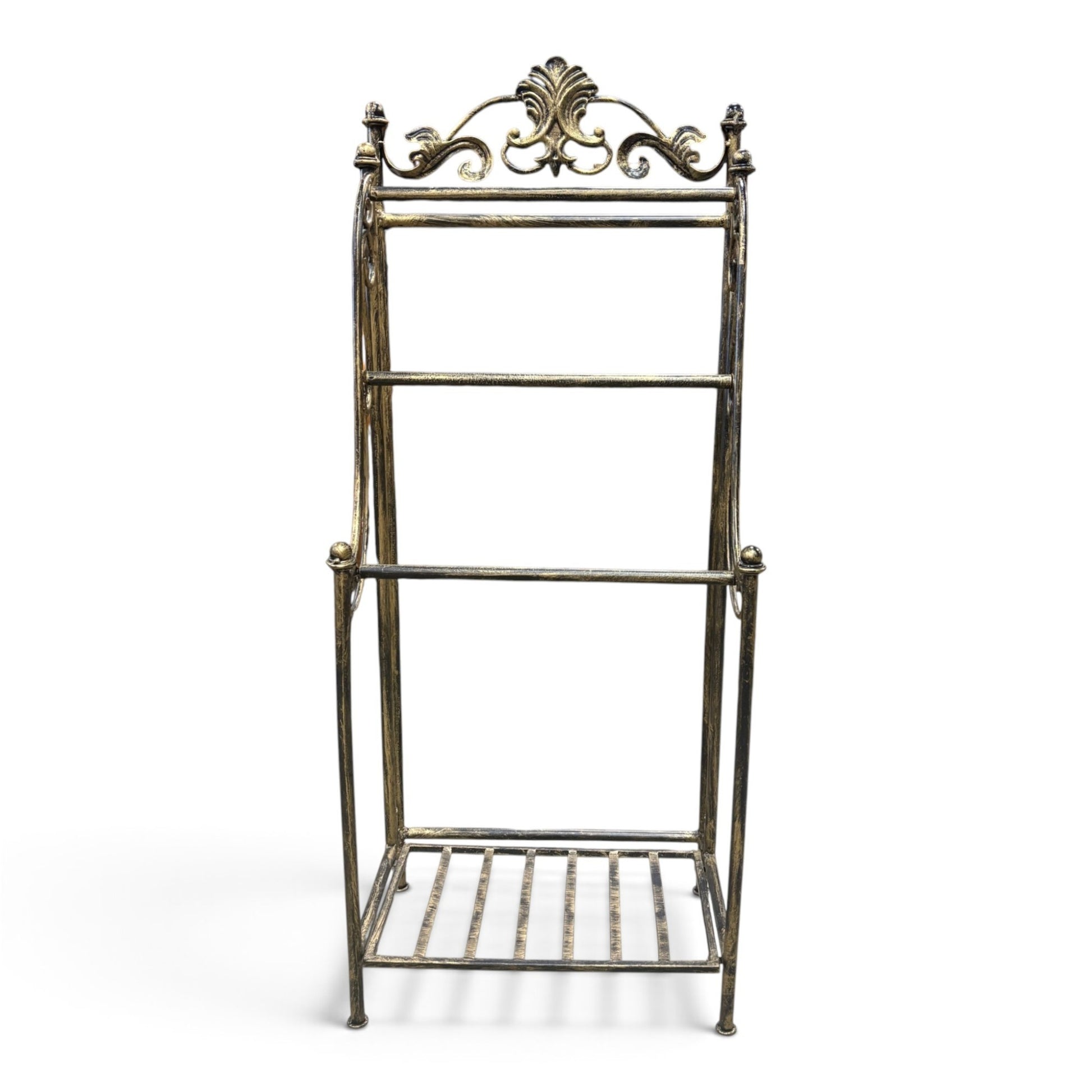 GDM Habitat for Humanity ReStore ornate metal quilt rack with a distressed gold finish and decorative scrollwork top.