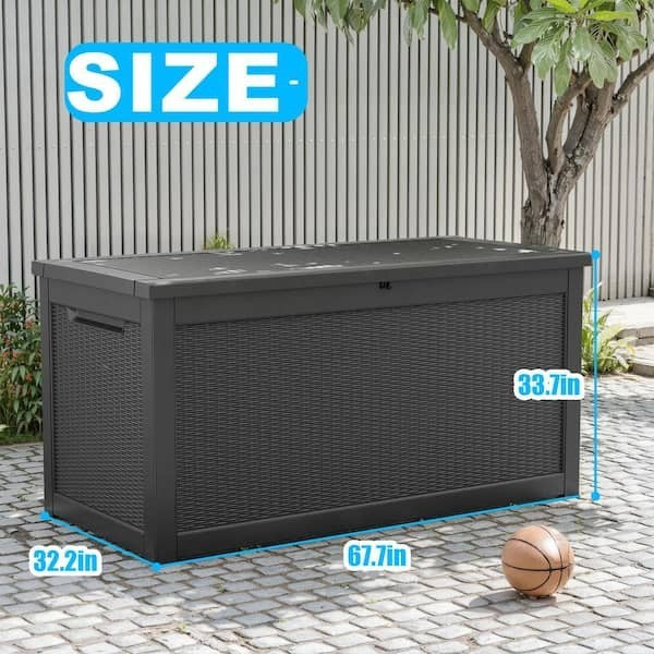 GDM Habitat for Humanity ReStore outdoor storage deck box with a dark grey wicker-style finish on a patio.