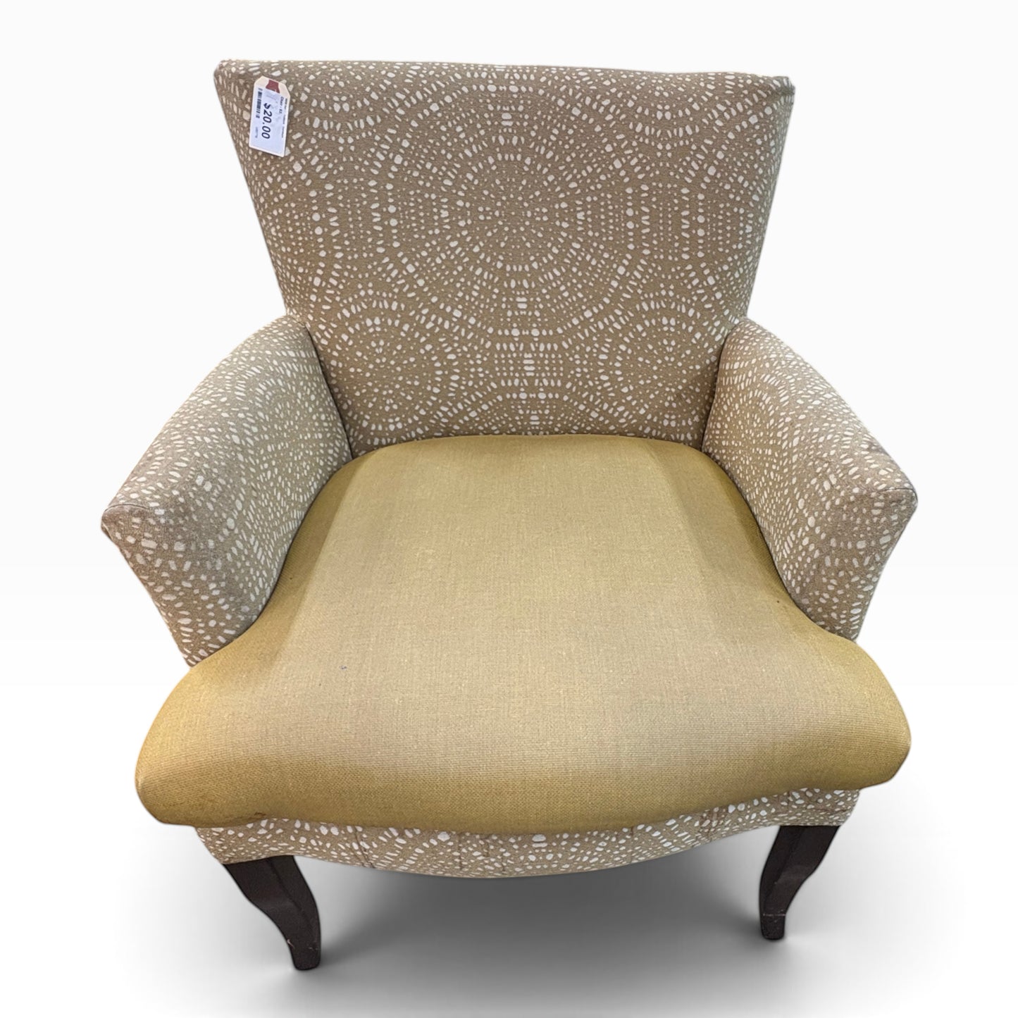 GDM Habitat for Humanity ReStore accent chair with beige patterned back and solid mustard yellow seat cushion