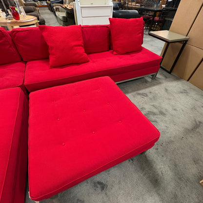 GDM Habitat for Humanity ReStore large red sectional sofa with tufted matching ottoman and plush throw pillows