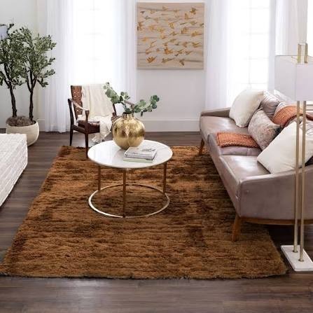GDM Habitat for Humanity ReStore Billow Shag rug in rust brown, featuring a plush textured pile in a modern living room