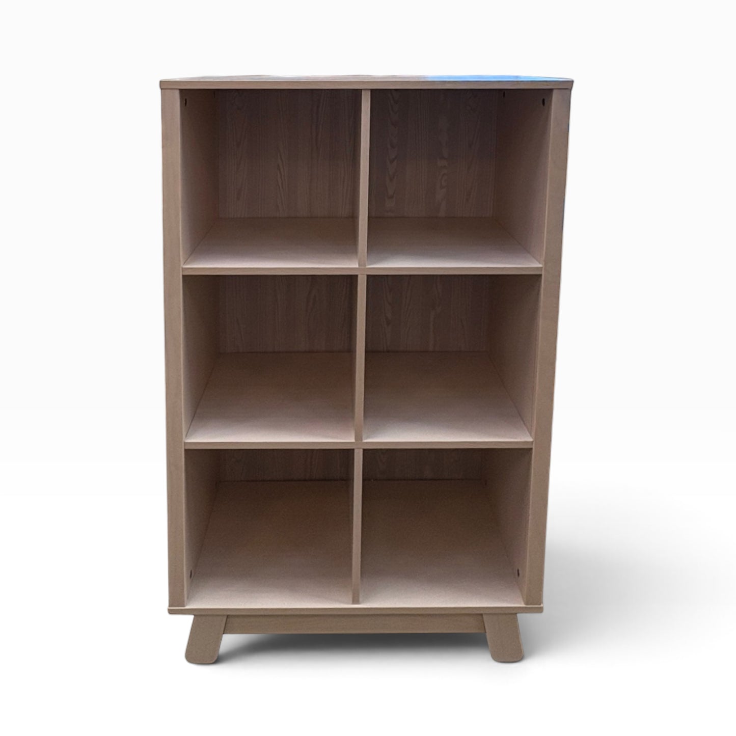 GDM Habitat for Humanity ReStore light brown wooden storage unit with six square cubby compartments and tapered legs