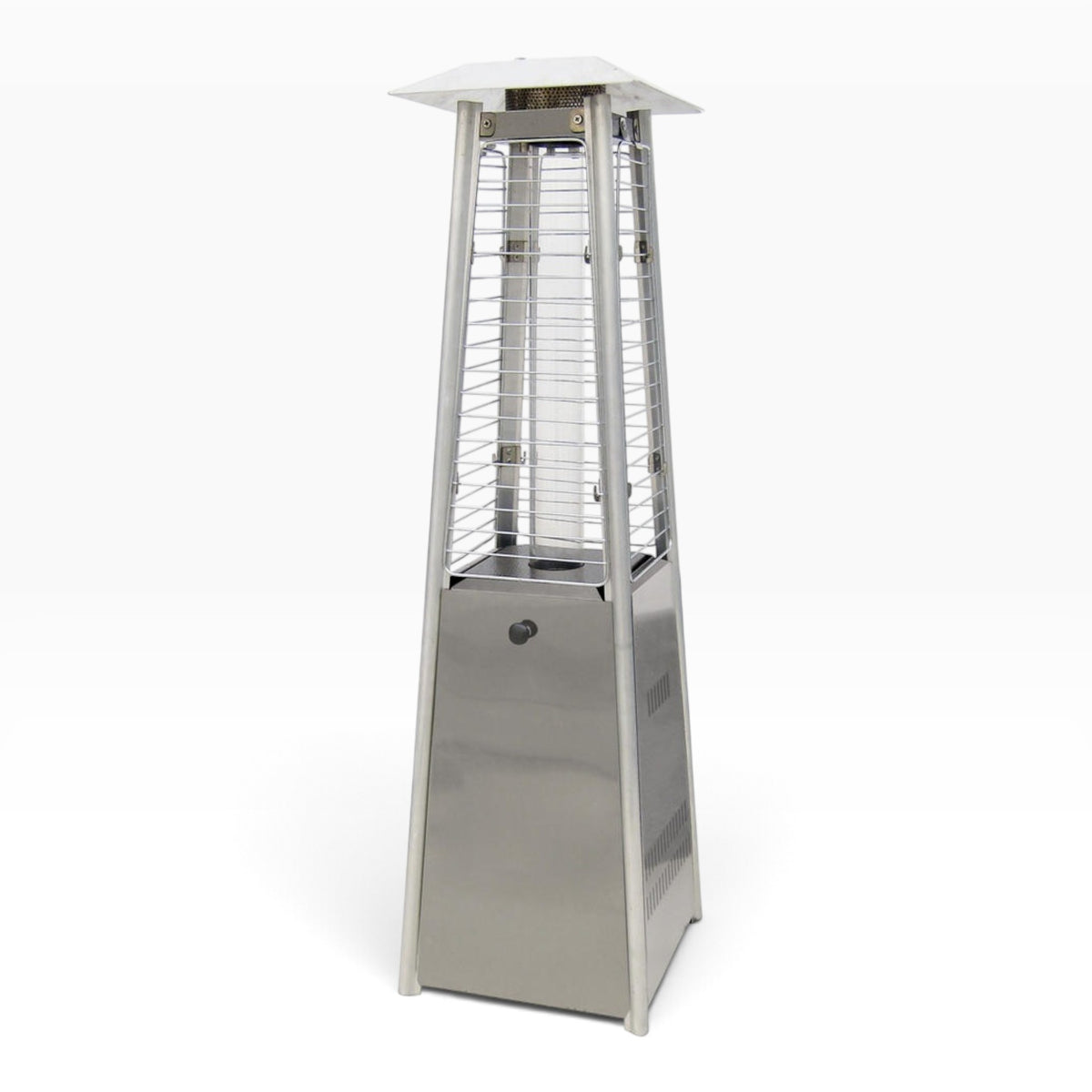 GDM Habitat for Humanity ReStore 9500 BTU stainless steel pyramid propane patio heater with protective cage
