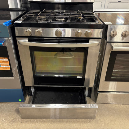 GDM Habitat for Humanity ReStore stainless steel gas range with black stovetop and open bottom storage drawer