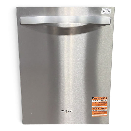 GDM Habitat for Humanity ReStore stainless steel Whirlpool dishwasher with a full-width bar handle and top controls.