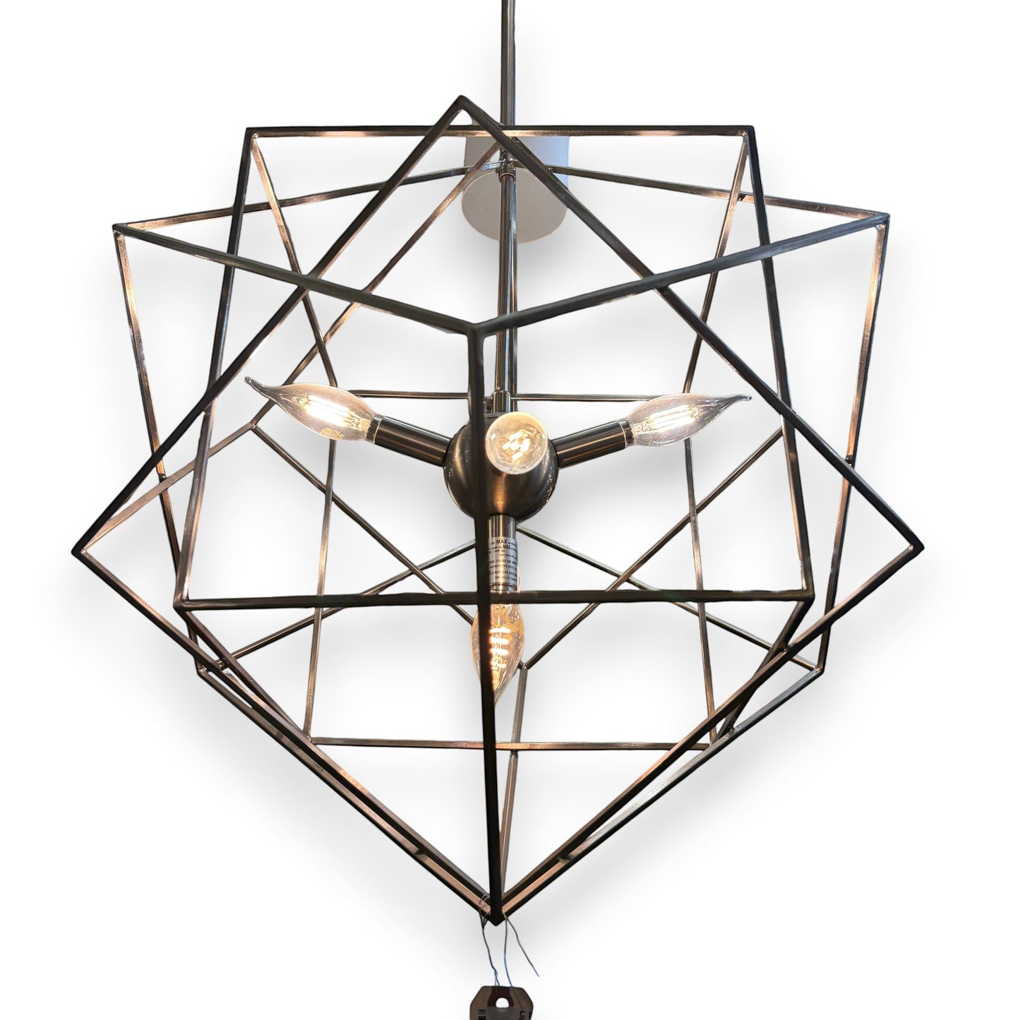 GDM Habitat for Humanity ReStore stellated cube pendant light with a polished silver metal geometric frame