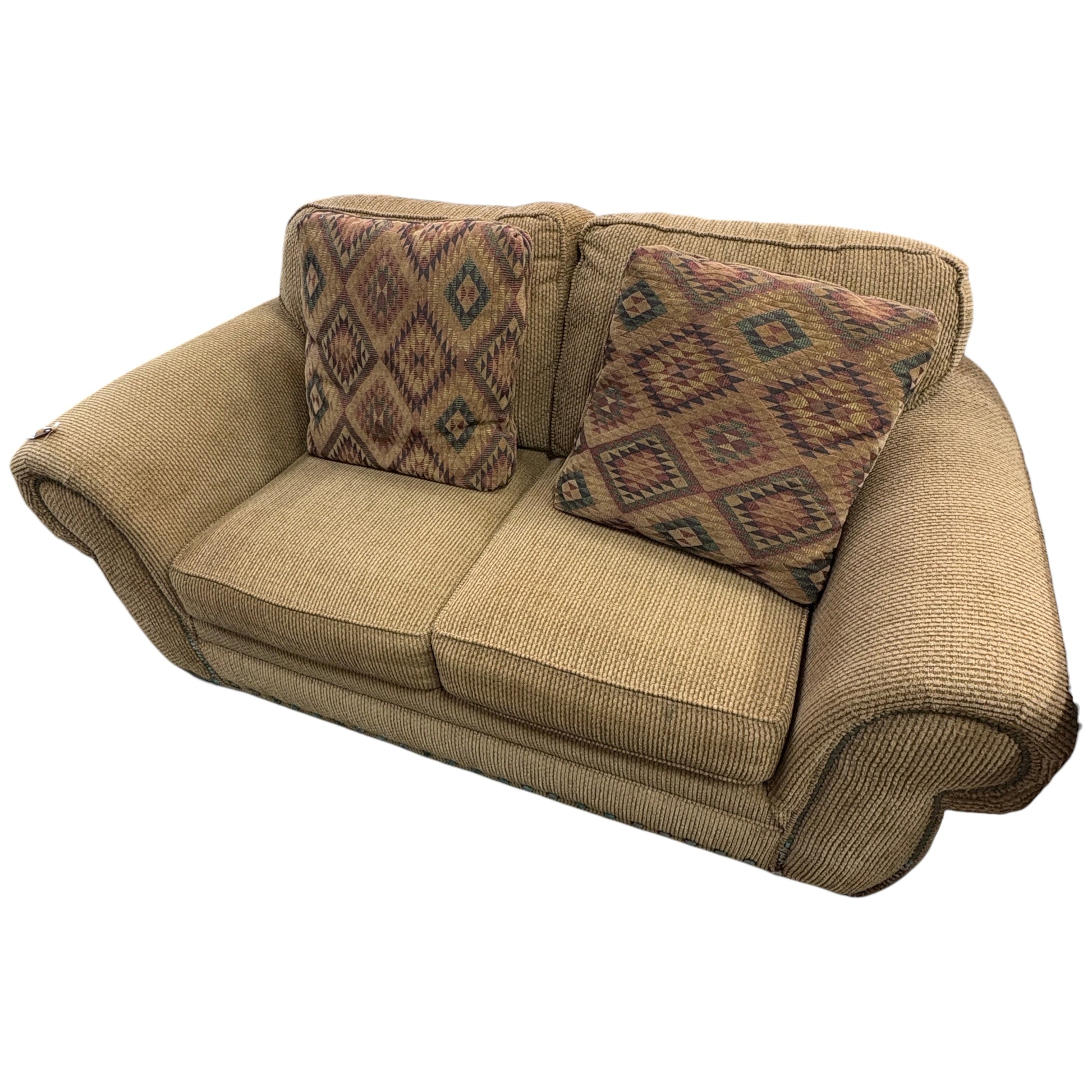 GDM Habitat for Humanity ReStore tan chenille loveseat with two patterned southwestern style throw pillows