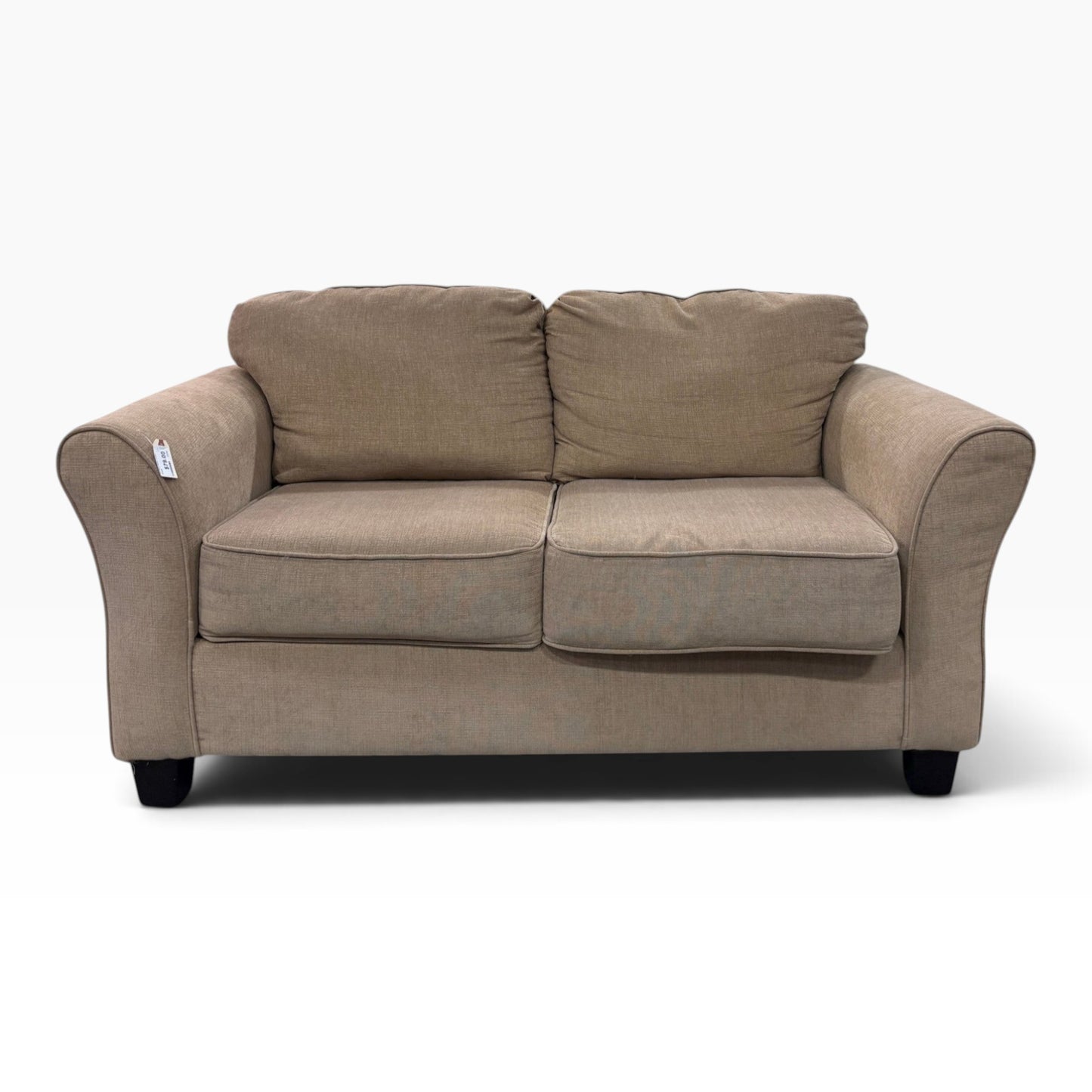 GDM Habitat for Humanity ReStore tan chenille loveseat with plush cushions and flared arms on a white background