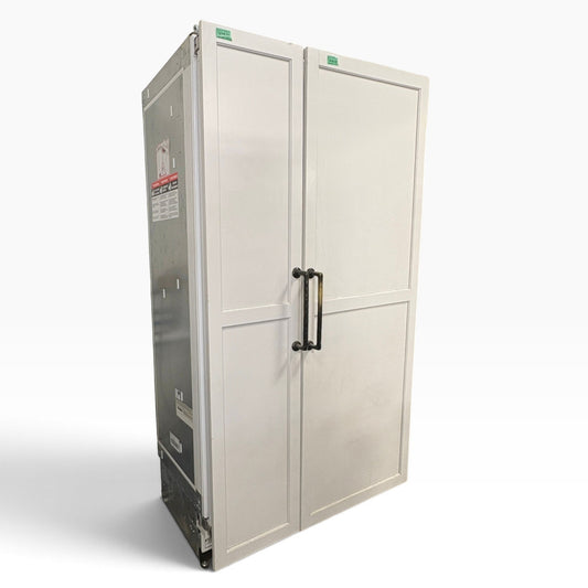 GDM Habitat for Humanity ReStore Thermador fridge and freezer set with custom panel-ready white doors and handles.