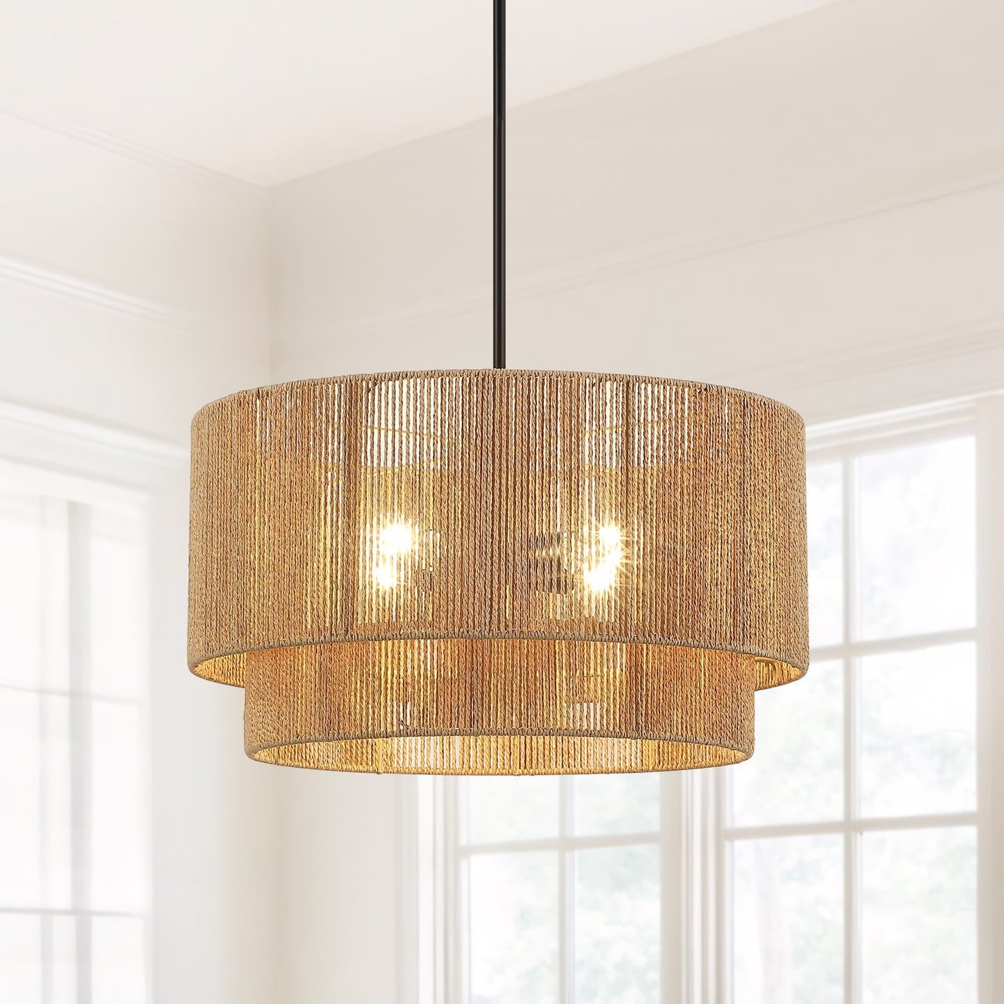 GDM Habitat for Humanity ReStore 4-light drum chandelier with a tiered natural jute rope shade and black metal stem.