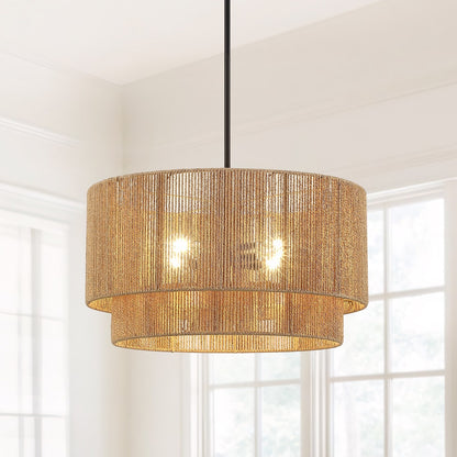GDM Habitat for Humanity ReStore 4-light drum chandelier with a tiered natural jute rope shade and black metal stem.