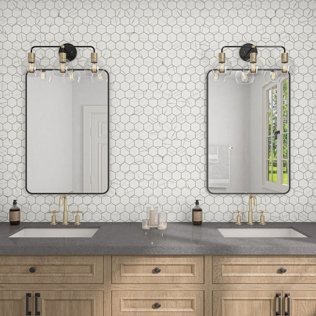 GDM Habitat for Humanity ReStore Union View Lightning Mosaic hexagonal white tile backsplash in a modern bathroom