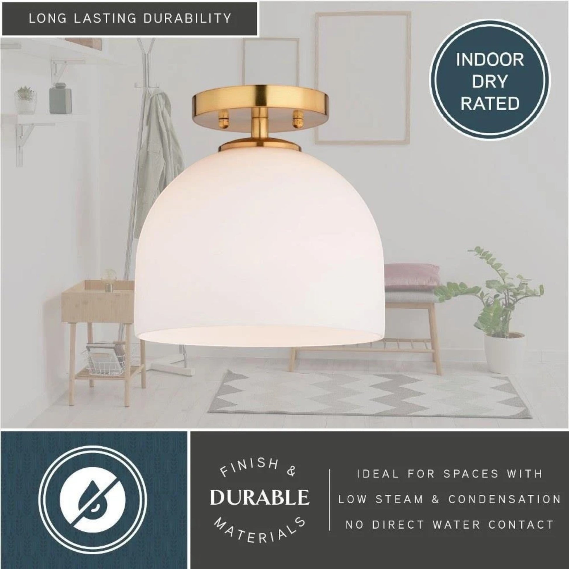 GDM Habitat for Humanity ReStore Vaxcel Shelby ceiling light with a brass finish and a white dome glass shade.