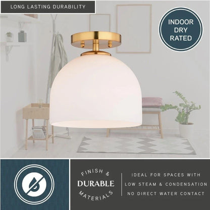 GDM Habitat for Humanity ReStore Vaxcel Shelby ceiling light with a brass finish and a white dome glass shade.
