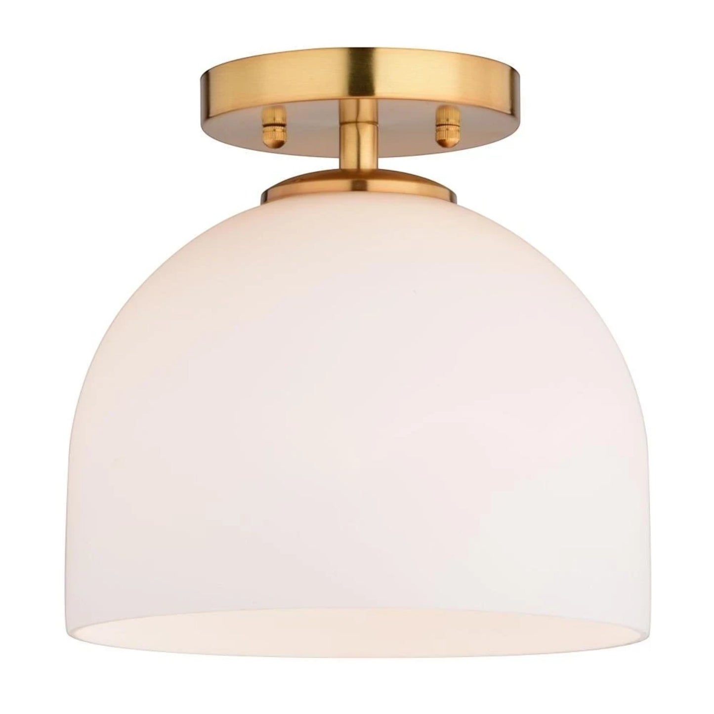 GDM Habitat for Humanity ReStore Vaxcel Shelby semi-flush mount ceiling light with brass finish and white glass dome