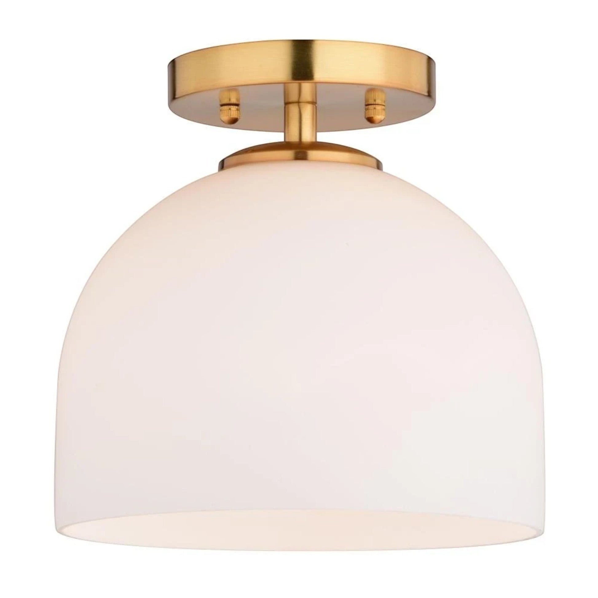 GDM Habitat for Humanity ReStore Vaxcel Shelby semi-flush mount ceiling light with brass finish and white glass dome