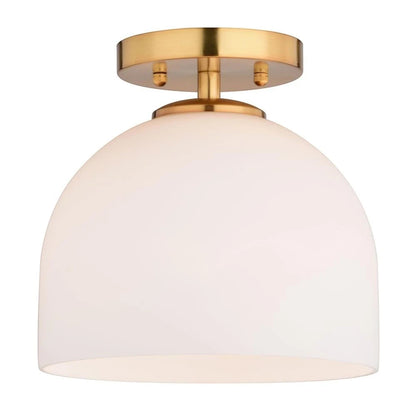 GDM Habitat for Humanity ReStore Vaxcel Shelby semi-flush mount ceiling light with brass finish and white glass dome
