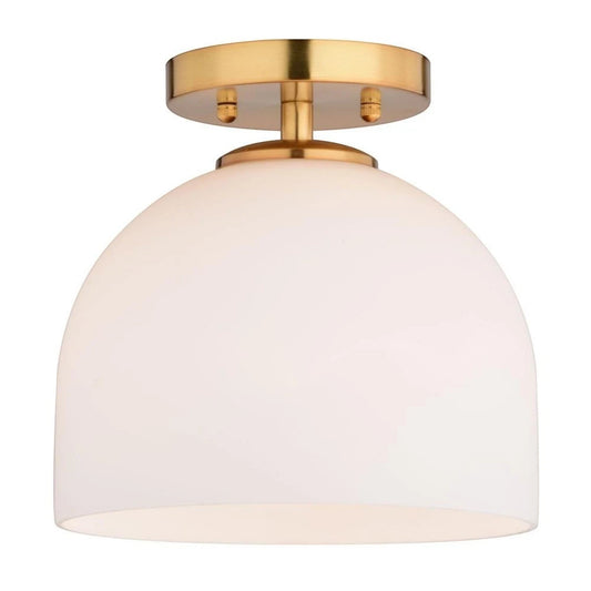 GDM Habitat for Humanity ReStore Vaxcel Shelby semi-flush mount ceiling light with brass finish and white glass dome