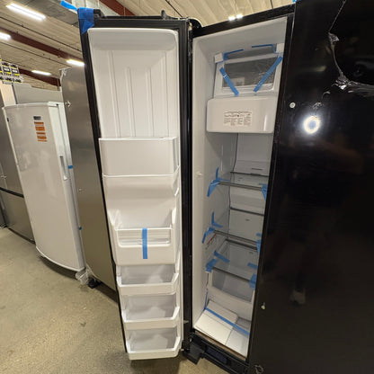 GDM Habitat for Humanity ReStore Whirlpool side by side refrigerator with black exterior and white interior shelves