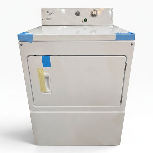 GDM Habitat for Humanity ReStore white Whirlpool commercial gas dryer with coin-op style control panel and blue tape.