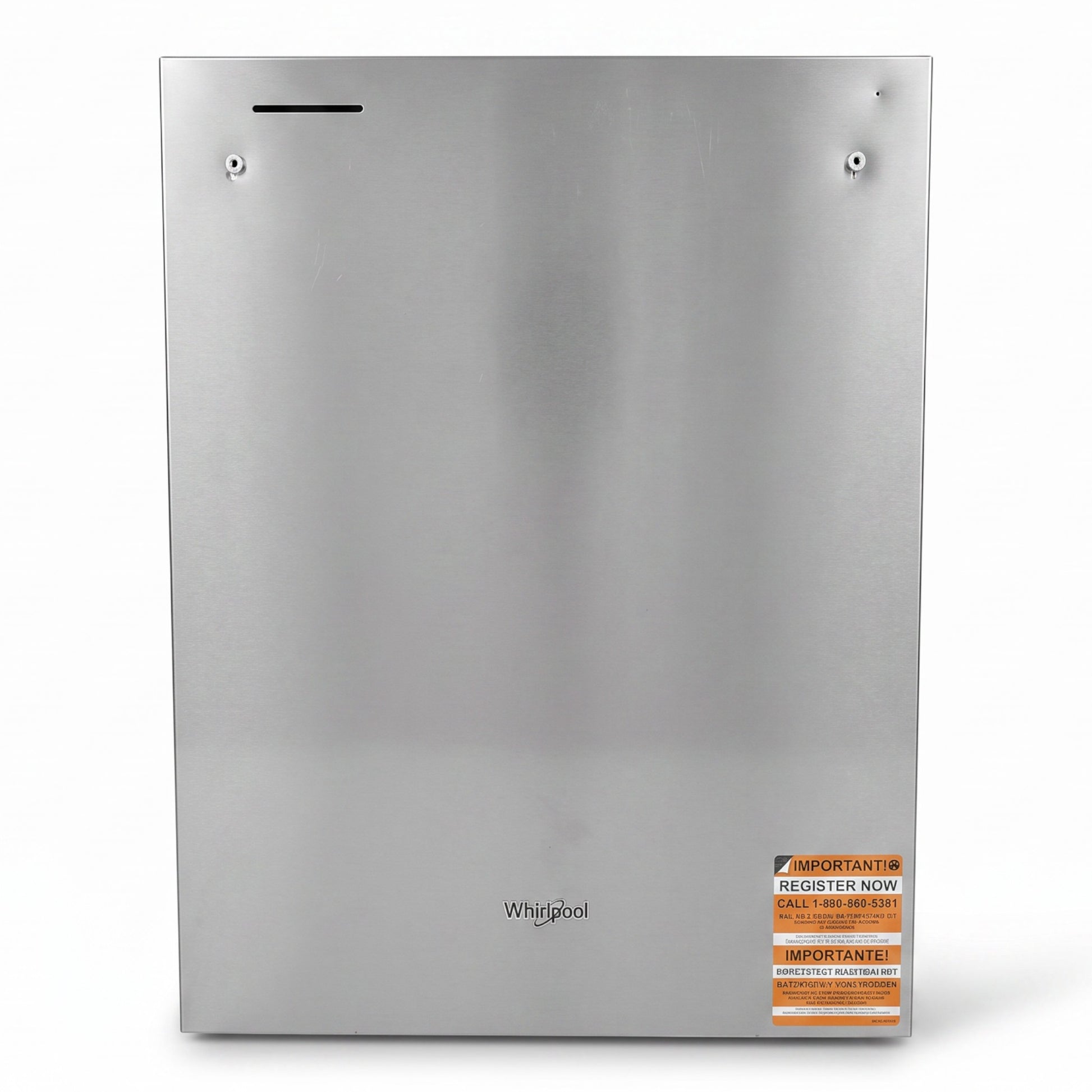 GDM Habitat for Humanity ReStore stainless steel Whirlpool dishwasher front panel with registration sticker