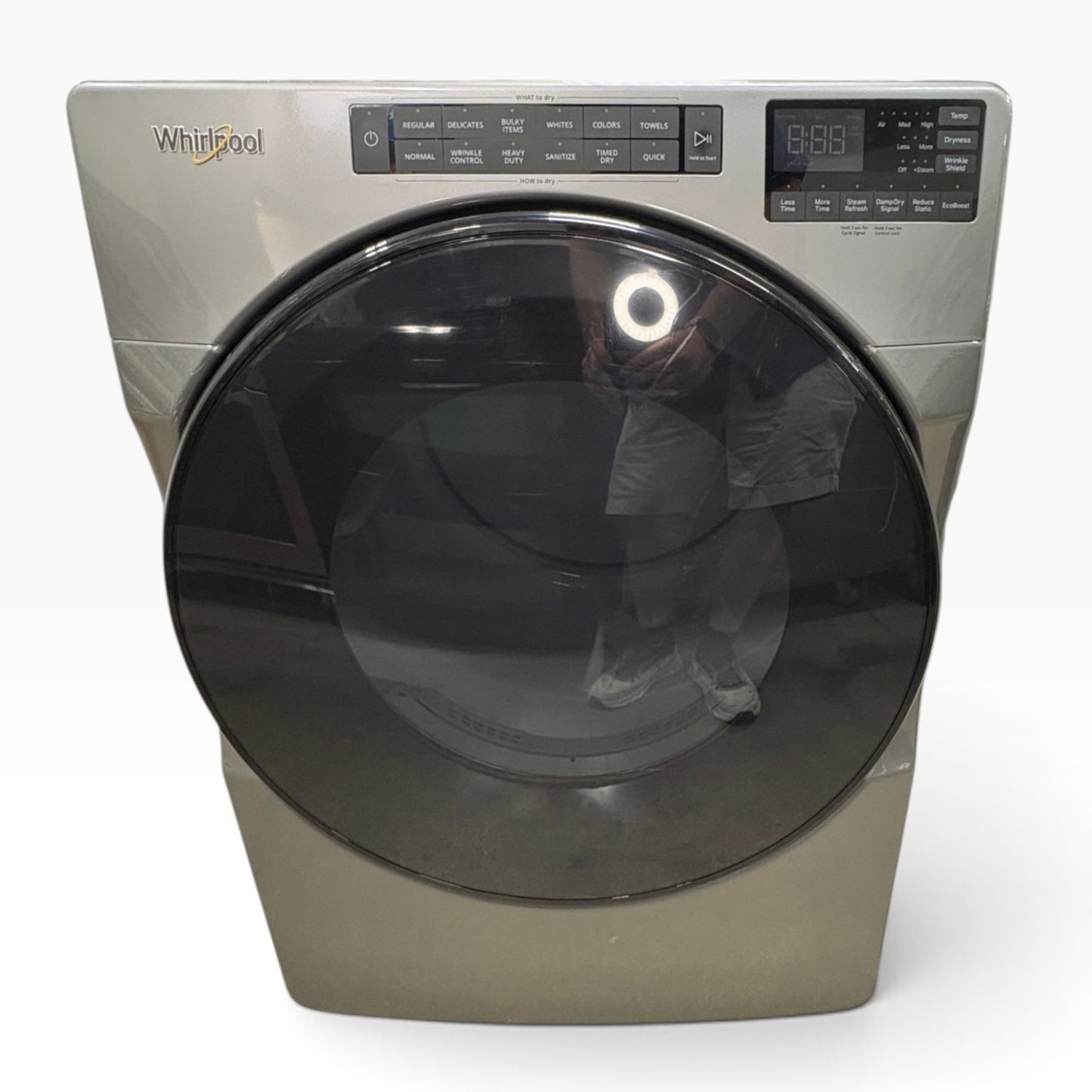 GDM Habitat for Humanity ReStore Whirlpool electric dryer with a sleek metallic finish and large glass door