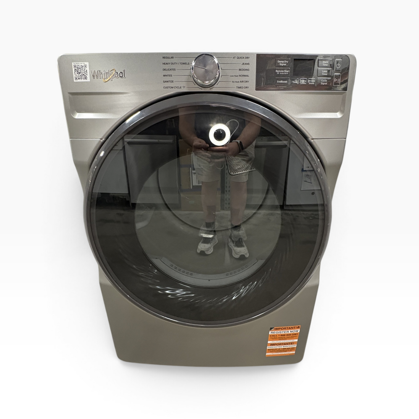 GDM Habitat for Humanity ReStore Whirlpool electric dryer in metallic finish with front-loading glass door