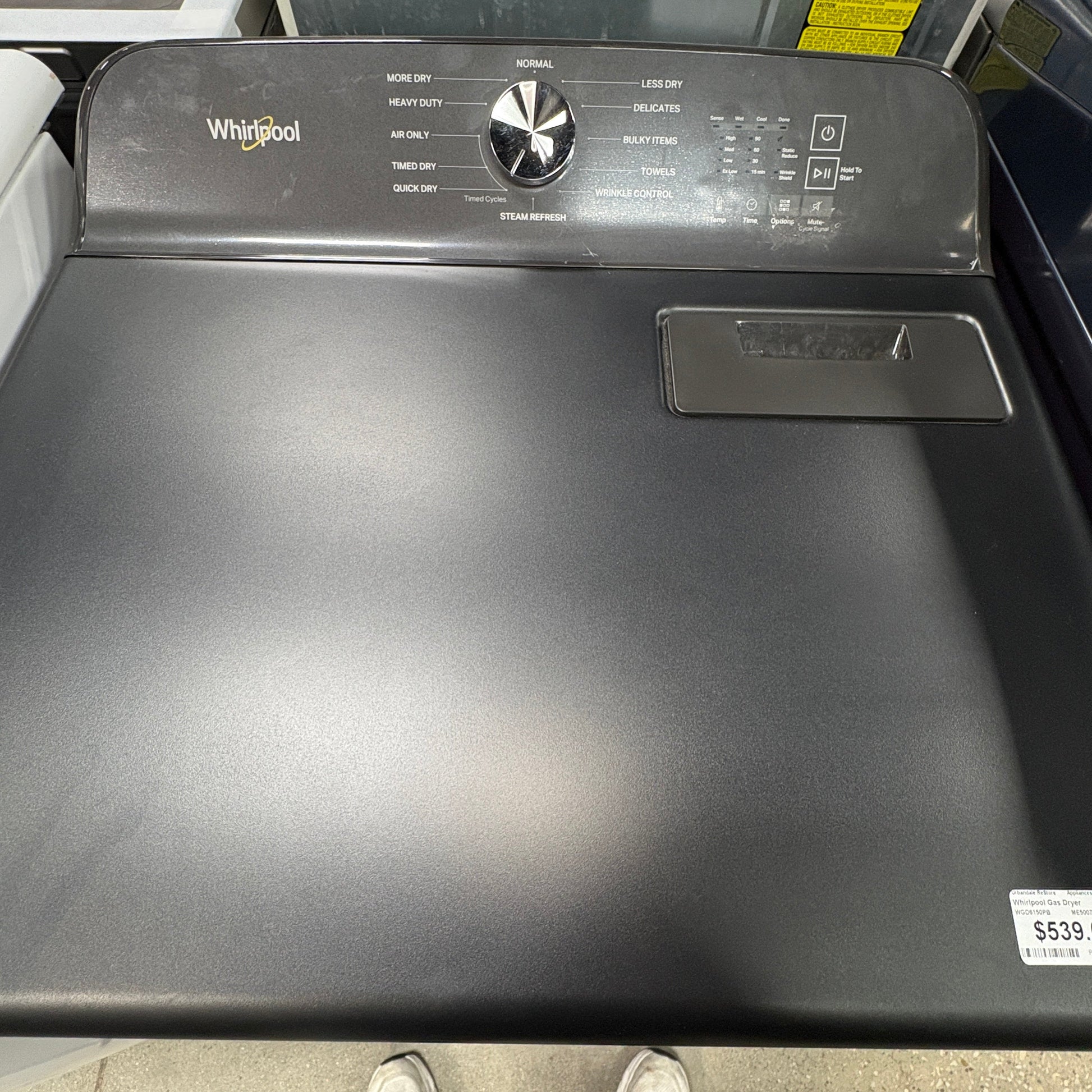 GDM Habitat for Humanity ReStore Whirlpool gas dryer top control panel in black with cycle selection dial
