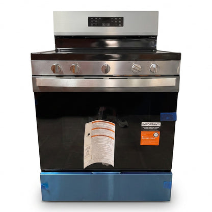 GDM Habitat for Humanity ReStore Whirlpool gas range in stainless steel and black with convection and air fry.