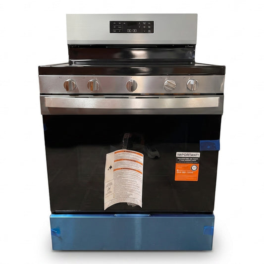 GDM Habitat for Humanity ReStore Whirlpool gas range in stainless steel and black with convection and air fry.