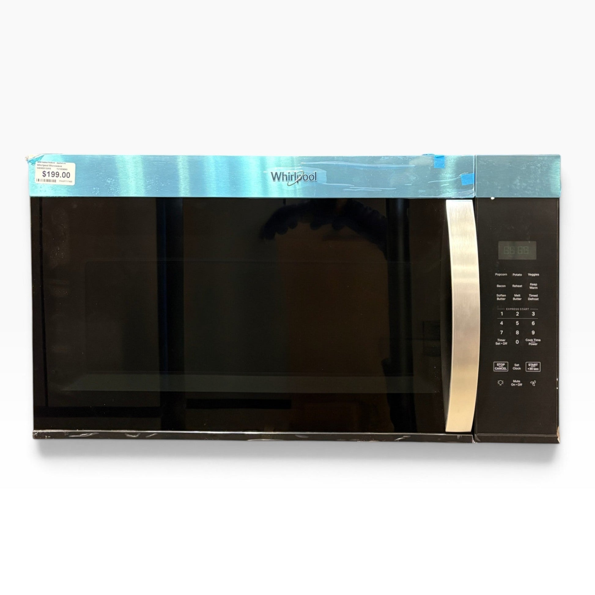GDM Habitat for Humanity ReStore Whirlpool over-the-range microwave with black finish and stainless steel handle