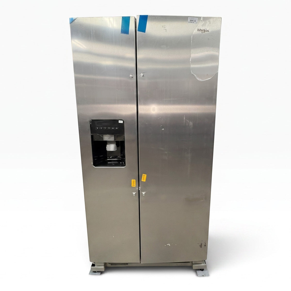 GDM Habitat for Humanity ReStore Whirlpool stainless steel side-by-side refrigerator with ice and water dispenser.