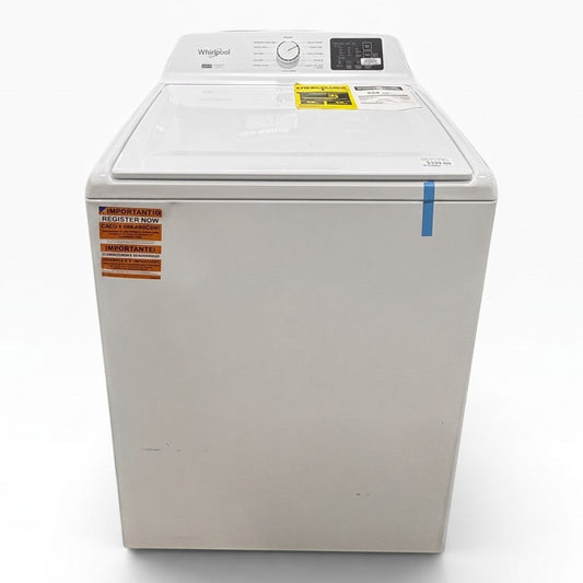 New white Whirlpool top load washer with 2-in-1 removable agitator, sold by GDM Habitat for Humanity ReStore.