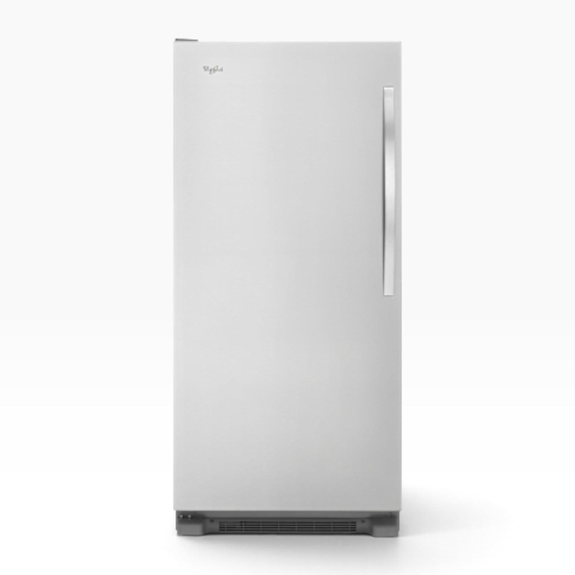 GDM Habitat for Humanity ReStore Whirlpool 18 cu. ft. upright freezer in stainless steel with a vertical handle.
